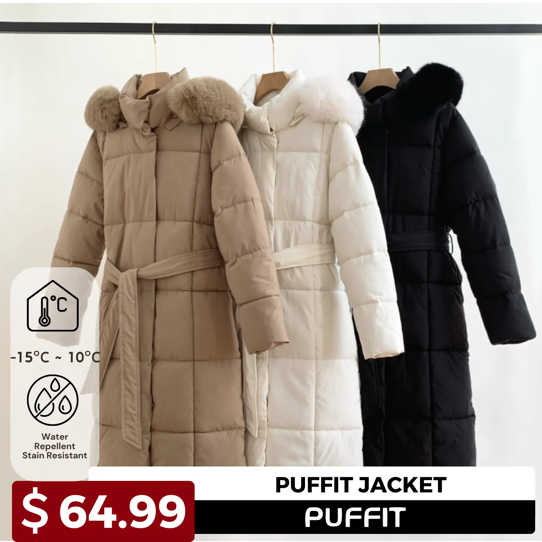 Go.G.G Faux Fur Long Belted Puffer Coat Womenswear Jackets, Button Front Full Zip Winter Warm Outerwear, Pocket Design Coat Adjustable Comfortable Fas