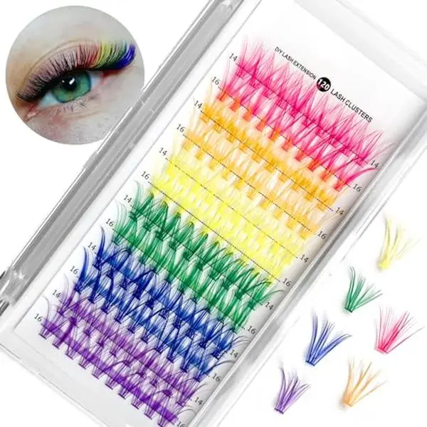 MUIIGOOD Colored Lash Extension Kit 120 Pcs DIY Lash Clusters Individual 14mm 16mm Mixed 6 Colors Soft False D Curl Eyelashes Rainbow Colorful Cluster Lashes Reusable Fluffy Lash for Women Girls