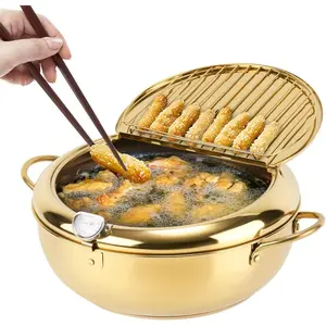 Golden 304 Stainless Steel Deep Fryer with Built-in Rotating Thermometer - 20cm, 24cm, 28cm Sizes Cookware Pots