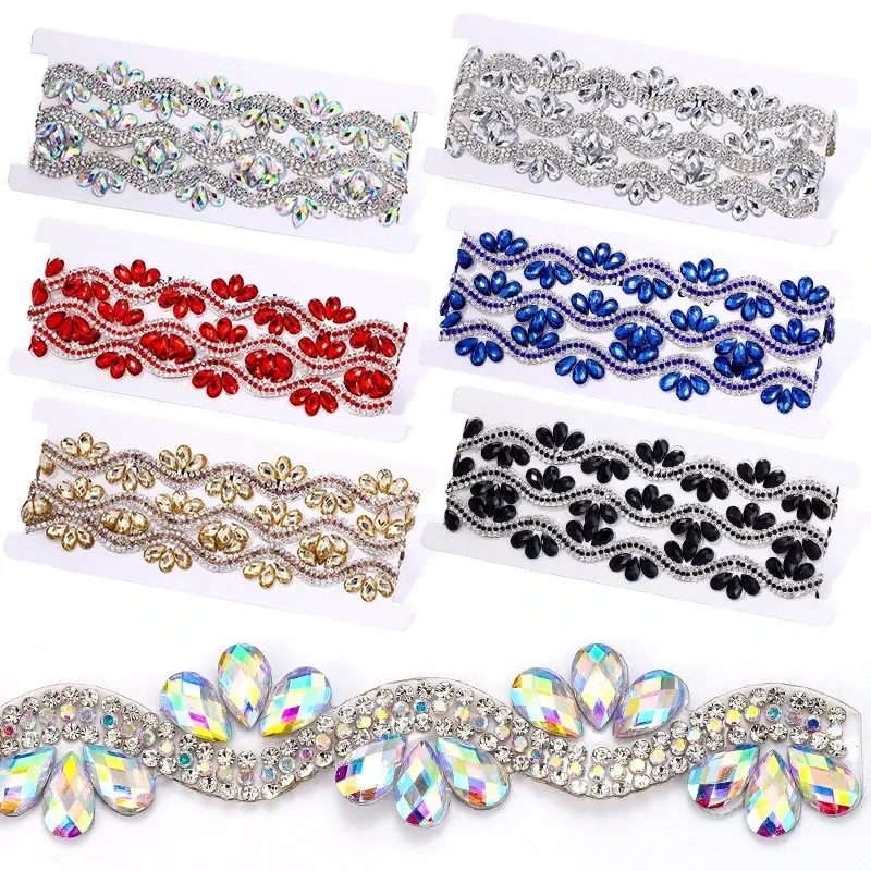Ducrystal Multicolor Hot Fix Rhinestone Chain Glass Wave Rhinestone Iron on Crystal Trim For DIY Crafts&Clothing Accessories