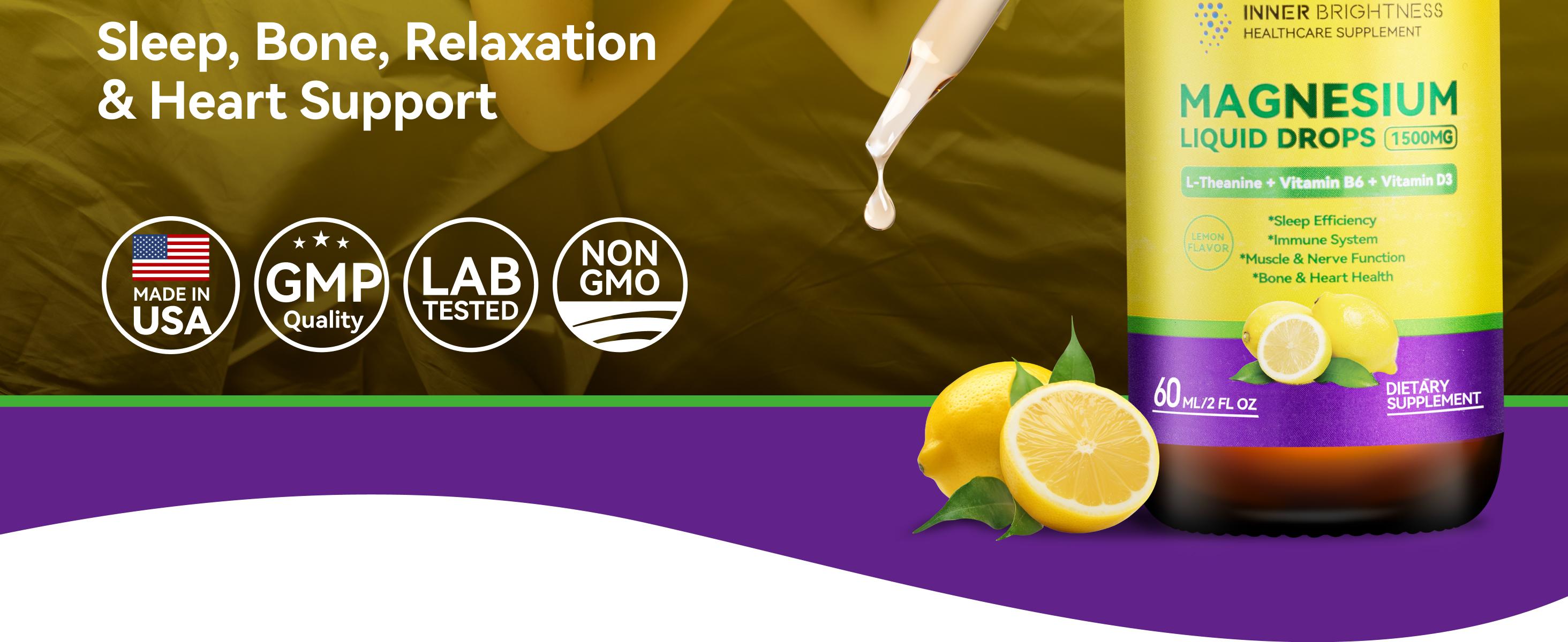 Magnesium Glycinate Liquid Drops with Magnesium Citrate & Taurate, L-Theanine, Vitamin D3, B6 - Supports Calm, Sleep, Muscle Relaxation, Leg Cramps & Energy, Sugar-Free Lemon Flavor, 60 mL theanine  supplement