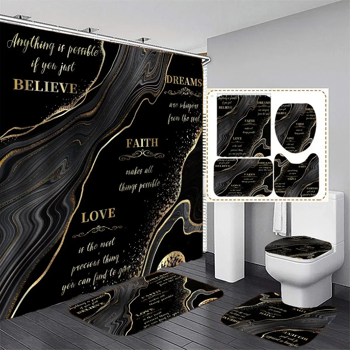 Letter & Black Marble Pattern Summer Bathroom Restroom Set, 4 Counts/set Including Non-slip Bath Mat, Toilet Lid Mat, U-shaped Commode Contour Rug & Waterproof Shower Curtain with Hook, Home Goods, Bathroom Decor And Accessories