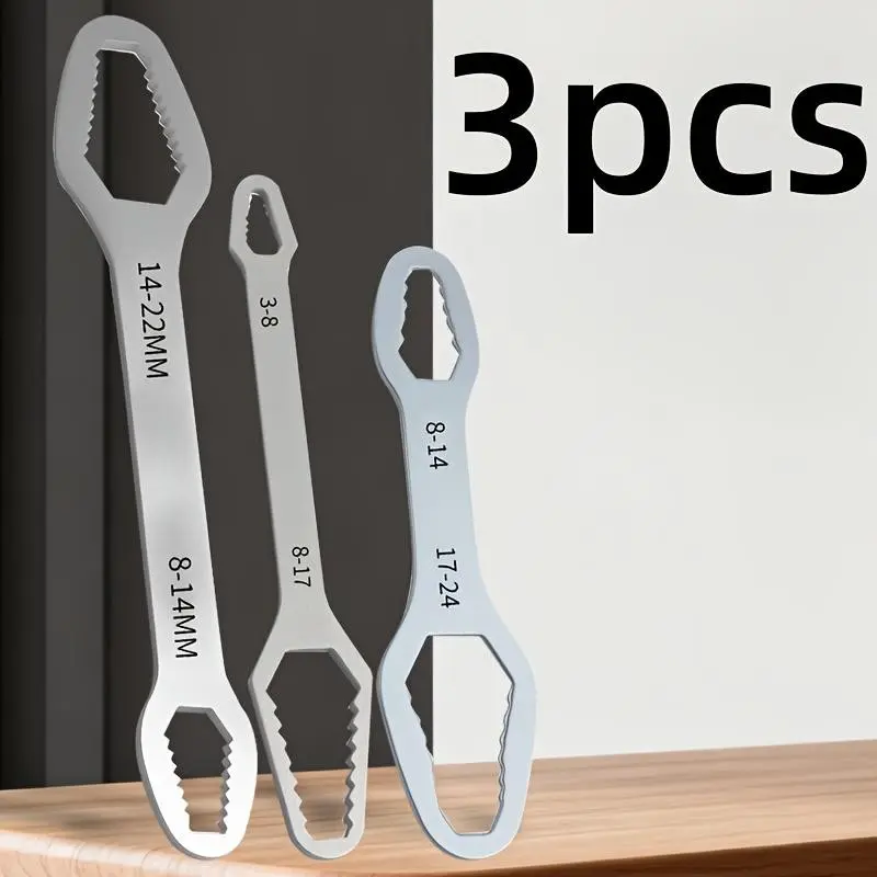 3-Piece Heavy-Duty Double-Head Wrench Set Hand Tools - Multi-Functional Double-Head Open-End Wrench with Self-Tightening Crescent Wrench, Box End Wrench, French Adjustable Wrench, and Screwdriver Bits - High Hardness Steel Short Handle Set