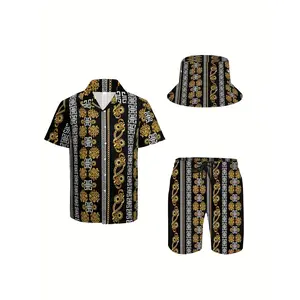 [Made in US] 3pcs Men'S Hawaiian Shirt And Short Set, Black Golden Chain Luxury Baroque Print Soft Fabric Breathable Shirt Button Short Sleeve Casual Beach Shirts