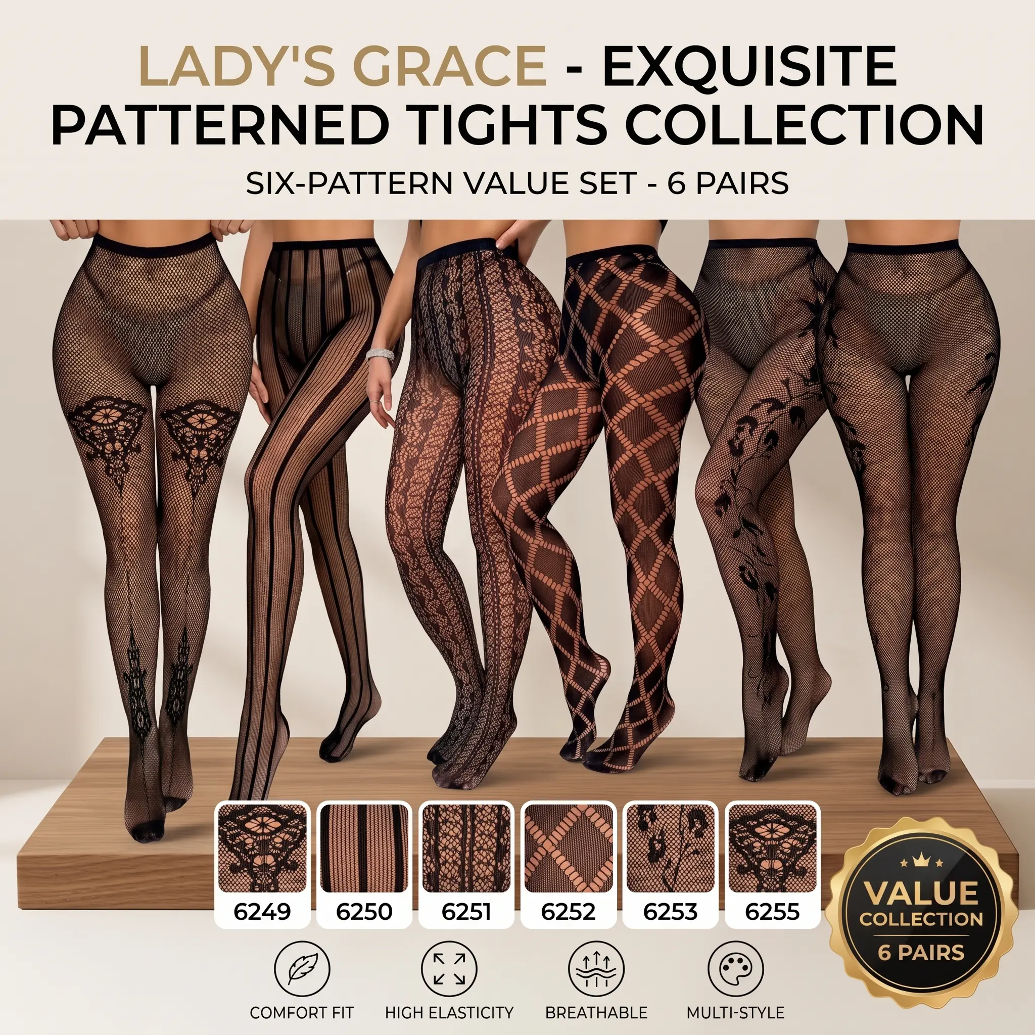 6-Pack Patterned Black Fishnet Tights High Waisted Stockings Bundle Sexy Mesh Hosiery Y2K Edgy Streetwear Goth Accessories Halloween Gift Set Effortless Baddie Outfit Upgrades