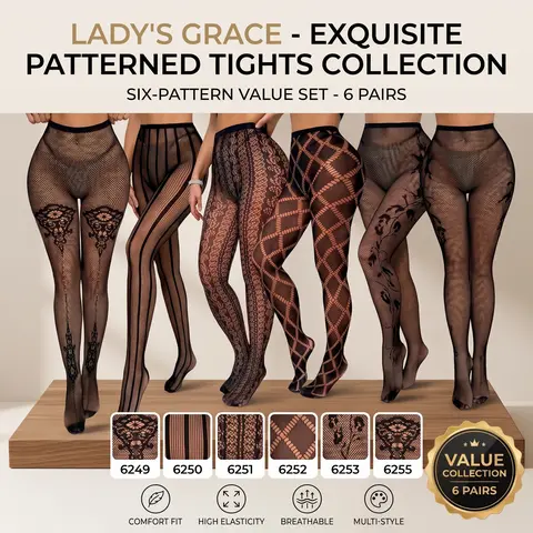 6-Pack Patterned Black Fishnet Tights High Waisted Stockings Bundle Sexy Mesh Hosiery Y2K Edgy Streetwear Goth Accessories Halloween Gift Set Effortless Baddie Outfit Upgrades