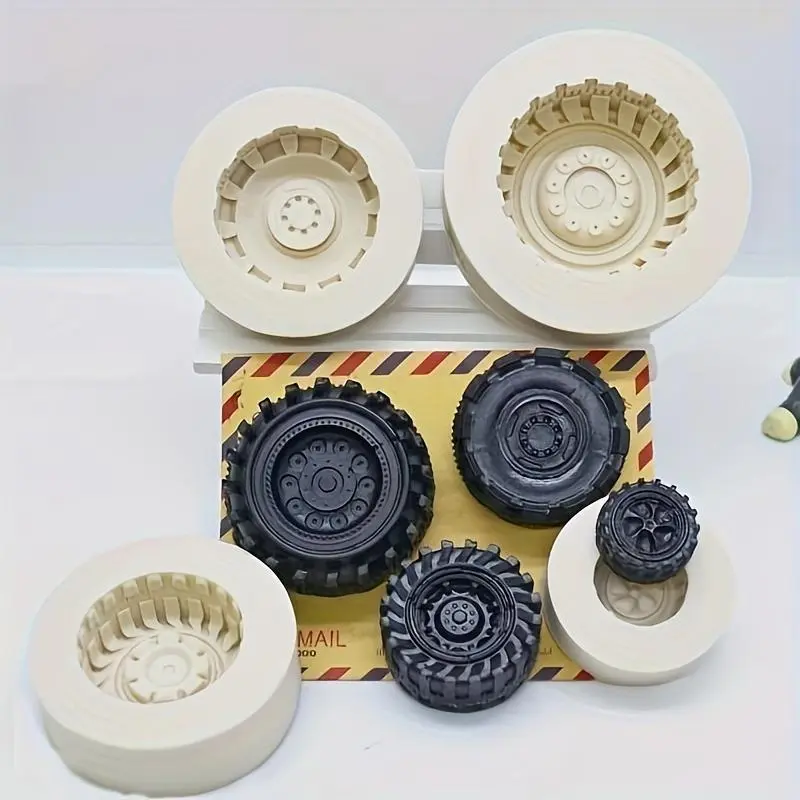 3D Tire Shape Fondant Mold, 4 Counts/set Round Car Truck Tractor Wheel Shape Candy Mold, Chocolate Mold, DIY Cake Decorating Tool