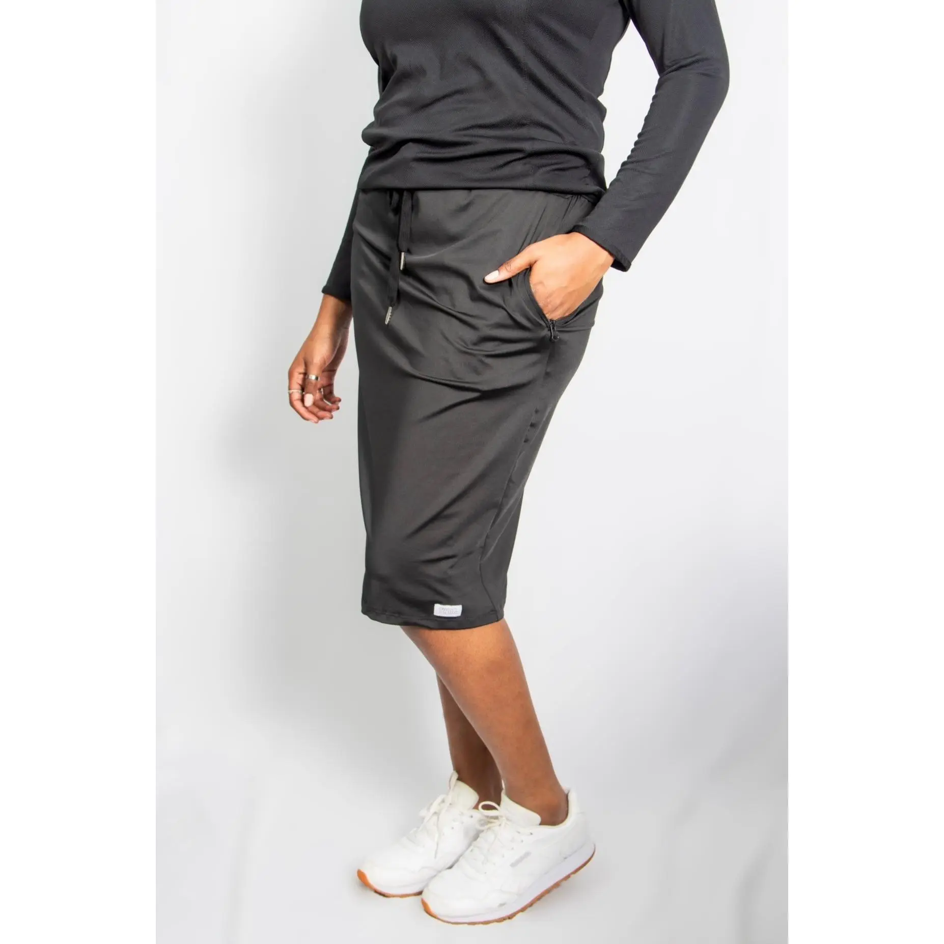 Two & Nine | Modest Athletic Skirt with Built-In Shorts | 24” Length, Drawstring Waist, Zipper Pockets | Black