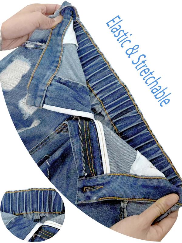 Women's Distressed Skinny Jeans with Red Santa & Reindeer Print Vintage Ripped Design Stretch Waistband for Comfort Holiday Casual Street Style Fit All Seasons Straight Cut Denim Leg Trouser Fabric Womenswear Elastic Stretchable Fitted