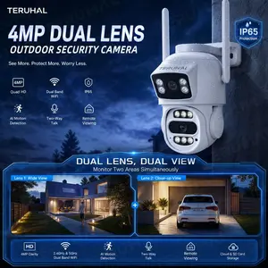 Teruhal 4mp HD Dual Lens Outdoor Wifi Security Camera, Dual View Split Screen, Ip65 Waterproof, Ai Motion Detection, Works with Alexa & Google Home