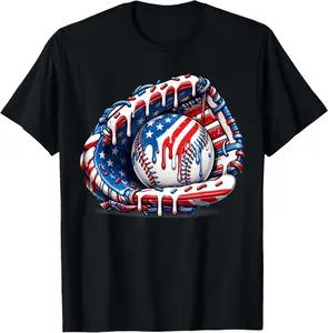 Baseball Drip American Flag for Boys Youth 4th of July T-Shirt Kids graphic tee