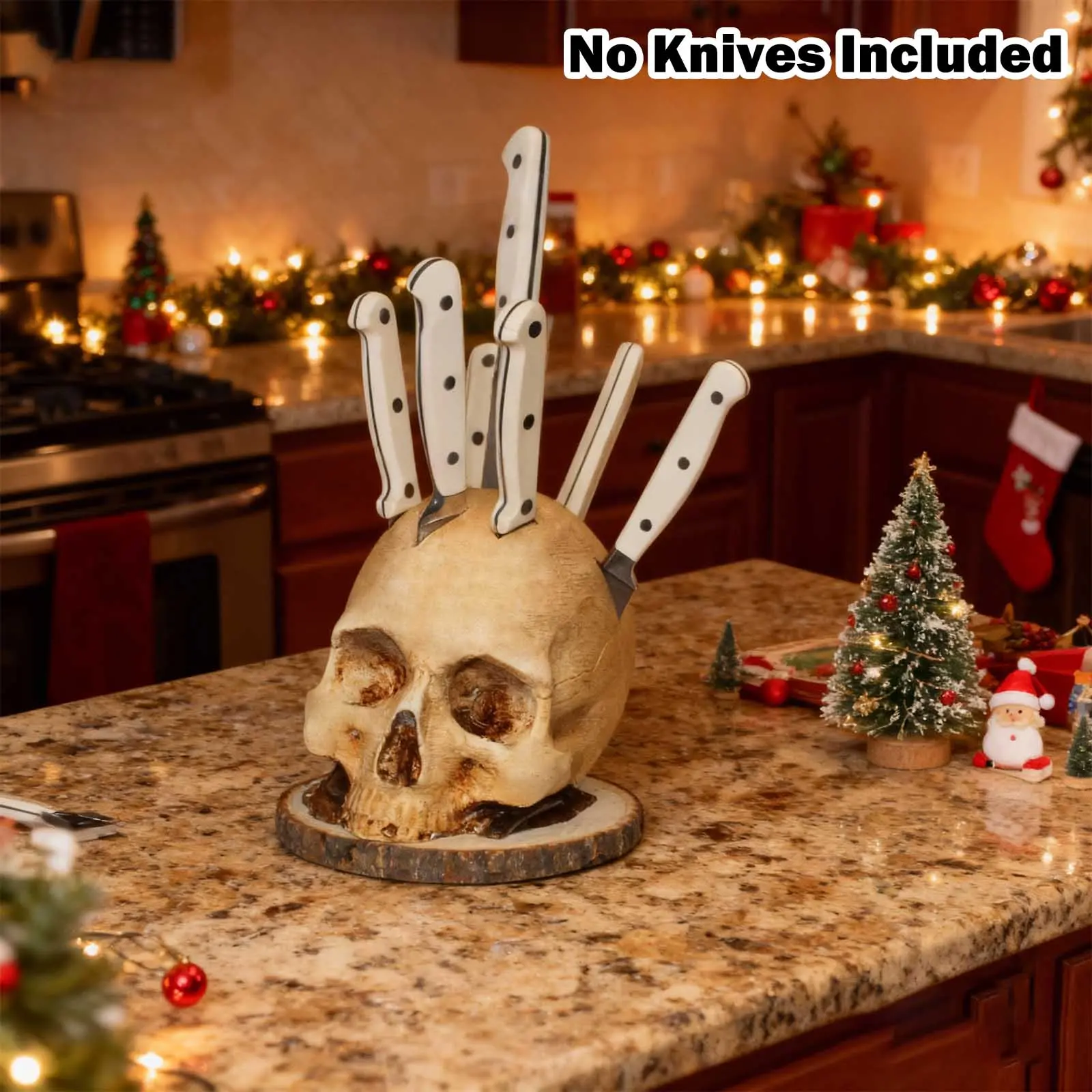 Skull Knife Holder for Kitchen Storage — No Knives Included, Skeleton Head Knife Block Holder, Horror Skull Halloween Decor, Small Knife Storage Rack, Gothic Party Table Decor (5.9IN), Horror Skull Decor