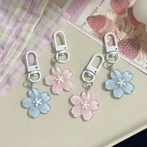 2pcs Sweet Pink Blue Jelly Sakura Key Chain DIY Flower Cute Keychains Pendant Student Girls Resin Bag Pendant Keyring Jewelry