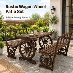 Elon Outdoor Dining Set Oatio Table and Chairs Wooden Patio Furniture 3 Piece Dining Bench Set for 4 All Weather Outdoor Furniture Carbonized Wood Wagon Wheel Design for Backyard Garden Deck Porch Table Chair Set