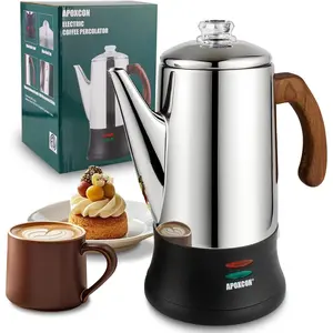 Electric Coffee Percolator Stainless Coffee Pot with Two Clear Brew Progress Knob & Treated Wood Handle & On/OFF Switch Auto Keep Warm Serve (8 Cup)