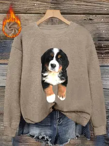 Cute Bernese Mountain Dog Print Sweater, Soft and Comfortable, Casual Round Neck Fitted Top, Fall & Winter Women's Clothing