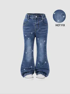 Girls' Casual Fashion Sweet Style Blue Washed Heart Pattern Rhinestone Flare Jeans, Perfect for Daily Wear, Stylish Denim Jeans