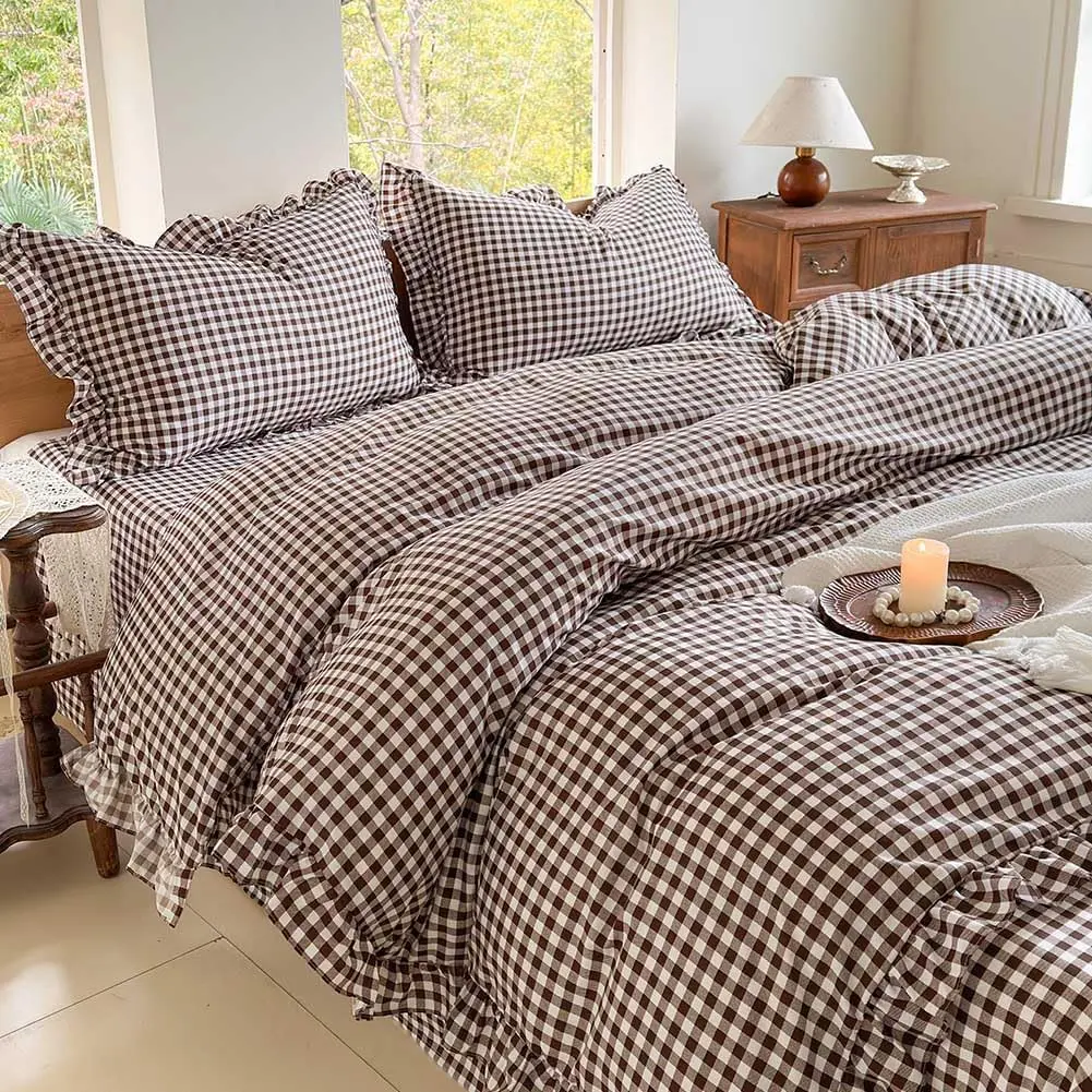 Mocha Gingham Ruffle King Duvet Cover| Soft Breathable Pre-Washed Microfiber Checked Bedding Set