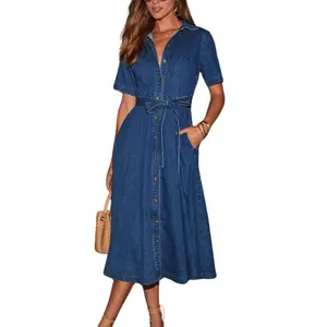 Chouyatou Women's Summer Denim Short-Sleeve Shirt Dress Casual Button-Down Waist Tie Denim Dress with Pockets