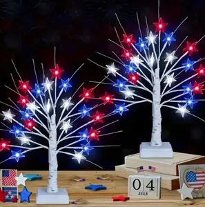 2 Pack 24 LED Independence Day String Lights with 8 Flashing Modes – Red, White & Blue Star Decorative Lights, USB Powered Battery Box, Patriotic Party & Living Room & Garden