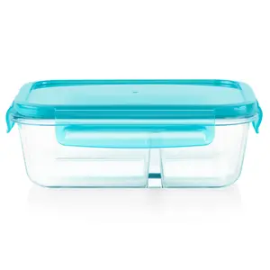 MealBox 4-Cup Divided Glass Food Storage Container with Turquoise Lid, Ideal for Food Storage and Organizing