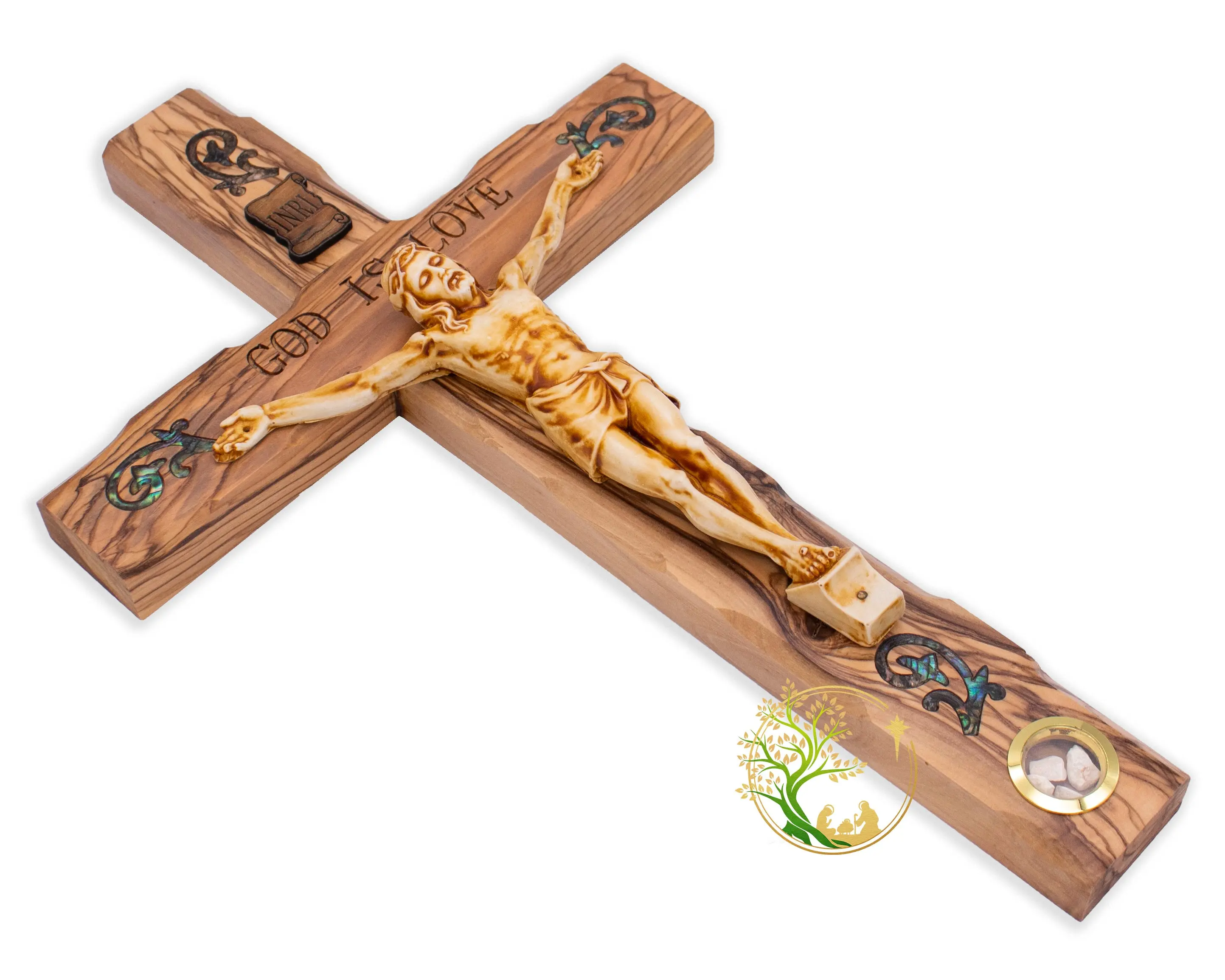 Wall Crucifix | Mother of Pearl wall cross from the Holy Land | Large crucifix for wall | Hand carved Olive wood cross Decor Gift Religious Lord Wooden Ceramic Glass Incense Ornaments