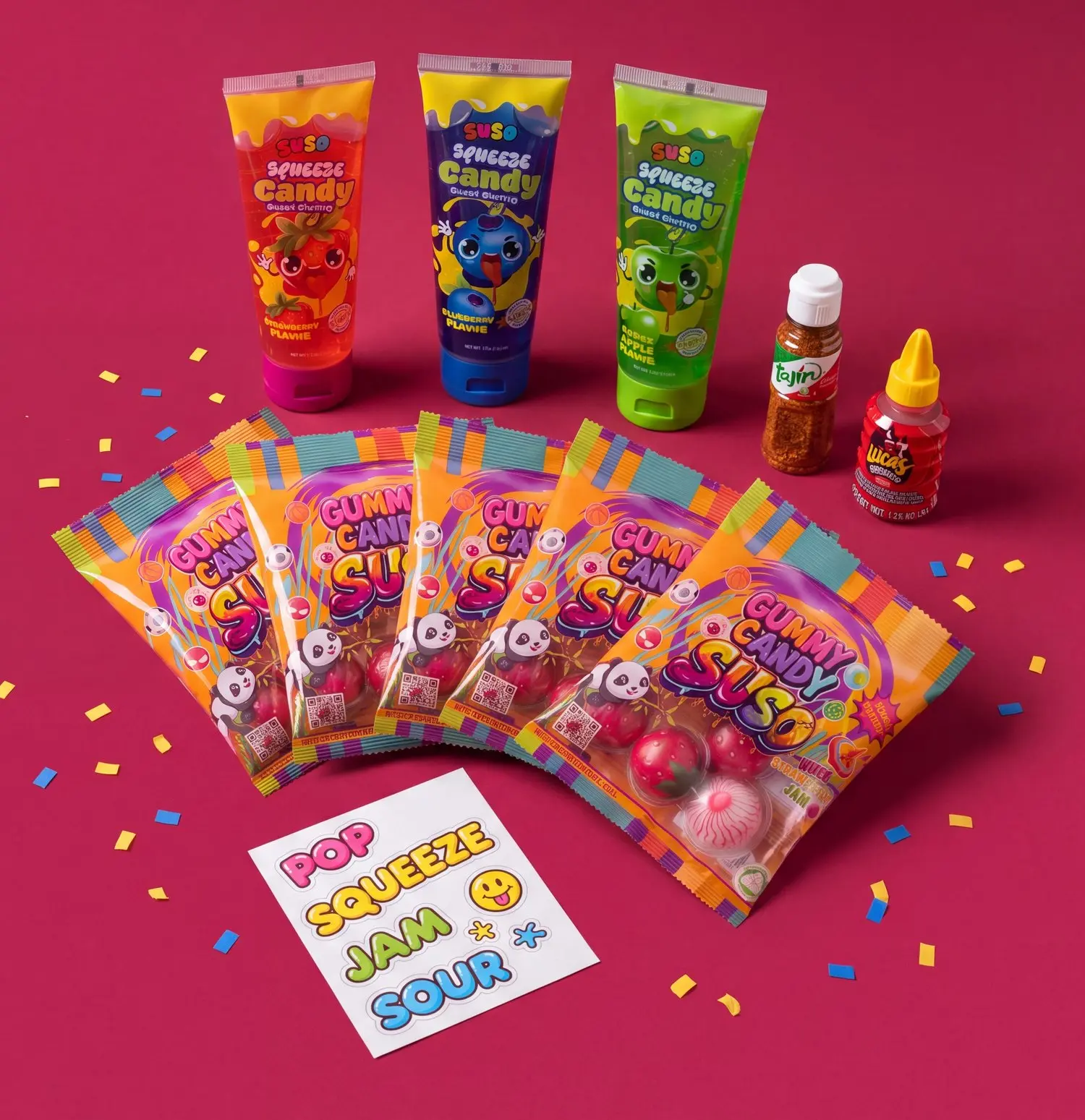 Suso Candy Bundle: Jam Filled Gummy Balls (5 Packs), + Sour Squeeze Candy Tubes 3 Pack (Strawberry, Blueberry, Green Apple) + Chamoy Candy Kit + Sticker Sheet, Halal Candy Bundle Gift Box sweet snack