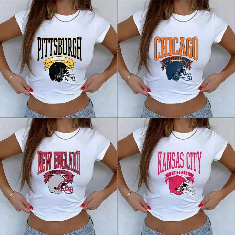 Vintage Football City Baby Tee – White Color | Retro Helmet Graphic Crop Top | Varsity Streetwear TCC