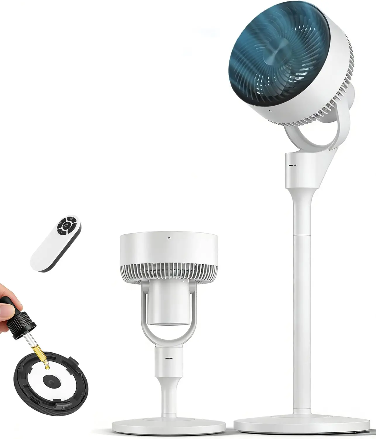 Pedestal Fan for Bedroom with Remote Control, 30dB Quiet Standing Fan with 80° Oscillation and Air Circulation, 3 Speeds, Sleep Mode, 6H Timer, 90° Vertical Tilt, 2 Heights for Floor or Table, Aroma Box, Modern Fan