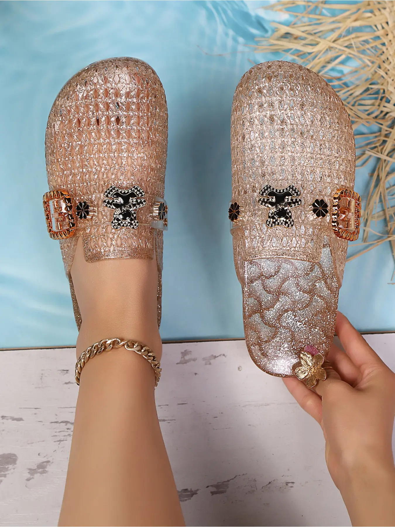 Women's Water Drill Bear Flower Jelly Slippers, Hollow Out Glitter Half Slipper Summer Outdoor Casual Cool Shoes