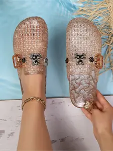 Women's Water Drill Bear Flower Jelly Slippers, Hollow Out Glitter Half Slipper Summer Outdoor Casual Cool Shoes