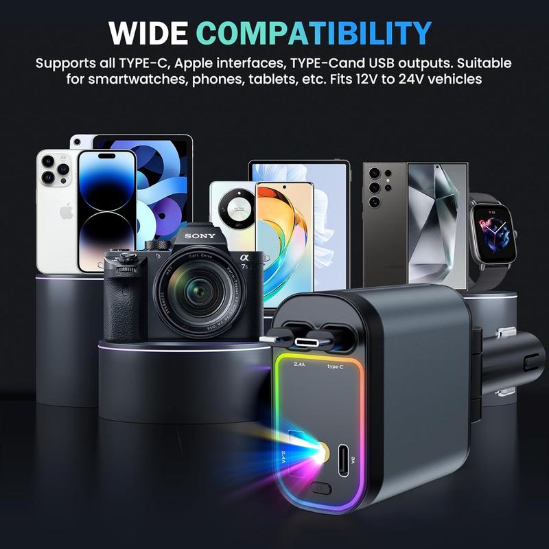 Car Charger with Starlight, 4 in 1 Retractable 66W USB C Car Charger with 2 USB Ports, Fast Car Charger Compatible with  iPhone 16 and Android