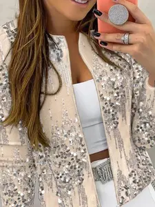 Women's Sparkly Sequin Jacket - Elegant Puff-Sleeve Cropped Top, Zip-Up Outerwear for Parties and Date Night, Tops