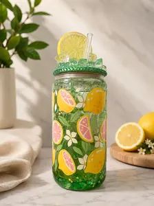 🍋 Citrus Bloom Snow Globe Glass Can Cup – Lemon & Pink Citrus Design with Rhinestone Lid | 16 oz