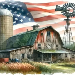 Circular Diamond Full Drill Painting Kit, Rustic Farmhouse & American Flag Landscape, Acrylic DIY 5D Diamond Art, Diamond Pattern Design, Perfect Gift for Home Decor