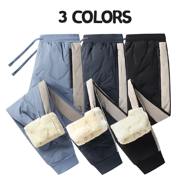 Men’s thickened fleece sweatpants with quilted insulation for warmth, elastic drawstring waistband, side zippered pockets, windproof waterproof cuffed pants—winter cold-weather casual long pants available in three colors.