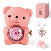 Pink rose bear+necklace+gift bag+card
