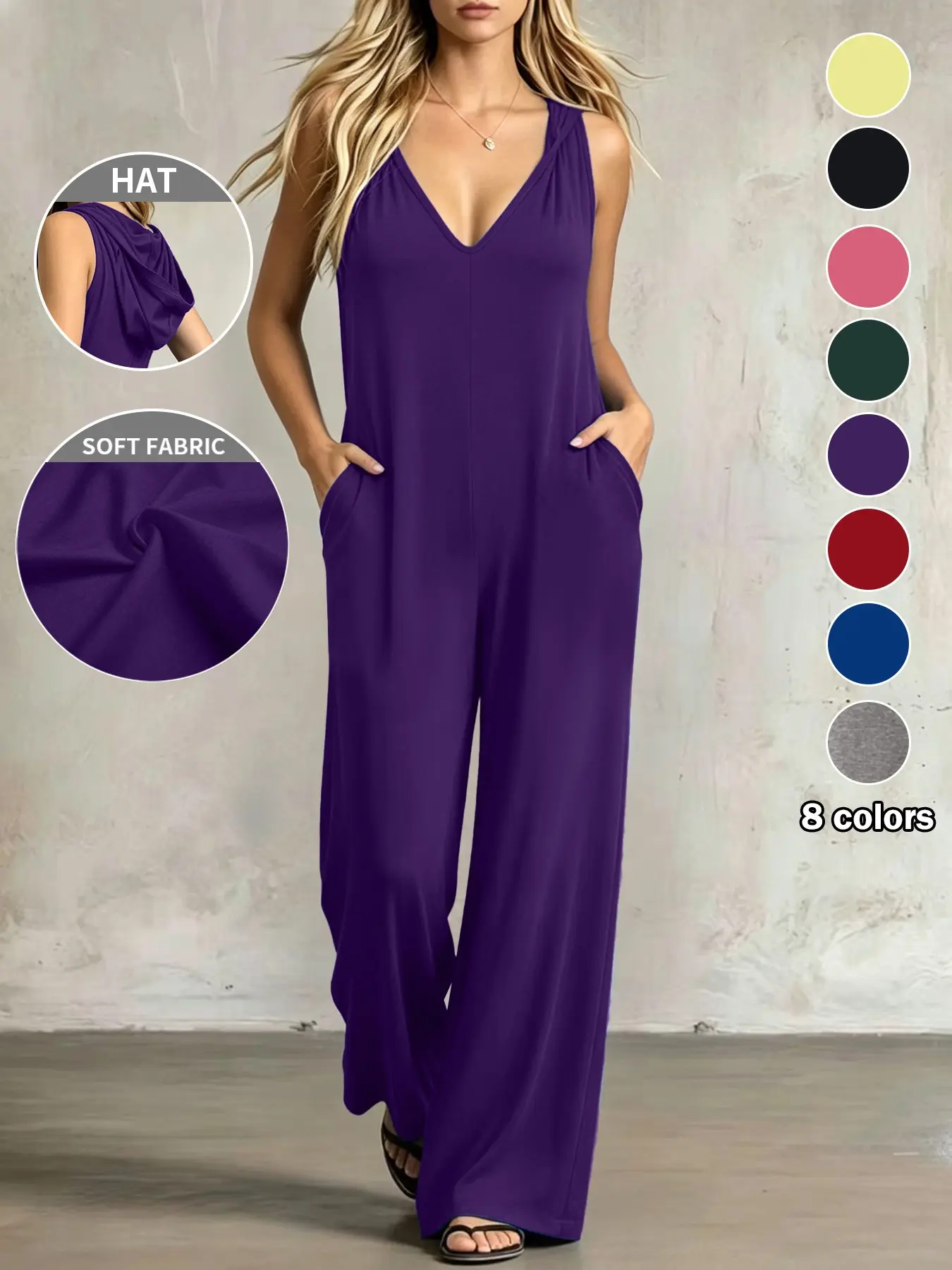【Juicy Exclusive】Plus Size Women's Jumpsuit, 8 Colors Available, Pocket Design, Plain V-Neck, Loose Fit, Casual Daily Wear, Home & Outing