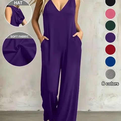 【Juicy Exclusive】Plus Size Women's Jumpsuit, Pocket Overalls Jumpsuit, 8 Colors Available, Pocket Design, Plain V-Neck, Loose Fit, Casual Daily Wear, Home & Outing, Everyday