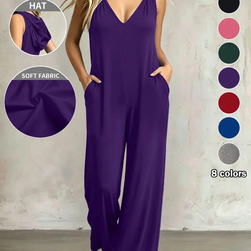 【Juicy Exclusive】Plus Size Women's Jumpsuit, Pocket Overalls Jumpsuit, 8 Colors Available, Pocket Design, Plain V-Neck, Loose Fit, Casual Daily Wear, Home & Outing, Everyday