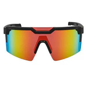 HITECH Futuristic Rimless Shield Sunglasses, Black-Red Frame with Orange Mirrored Lenses, Impact-Resistant, Full-Coverage, ANSI Z87+ Protection