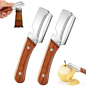 2PCS Wooden-Handled Vegetable & Fruit Peeler - Stainless Steel Blade with Built-In Bottle Opener, Ergonomic Kitchen Tool