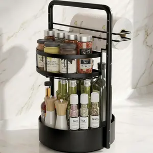 Rotatable 2-Tier Metal Kitchen Organizer - 360-Degree Lazy Susan Turntable, Paper Towel Holder, Dish Drying Rack, Spice Jar & Condiment Storage Rack for Countertops & Cabinets