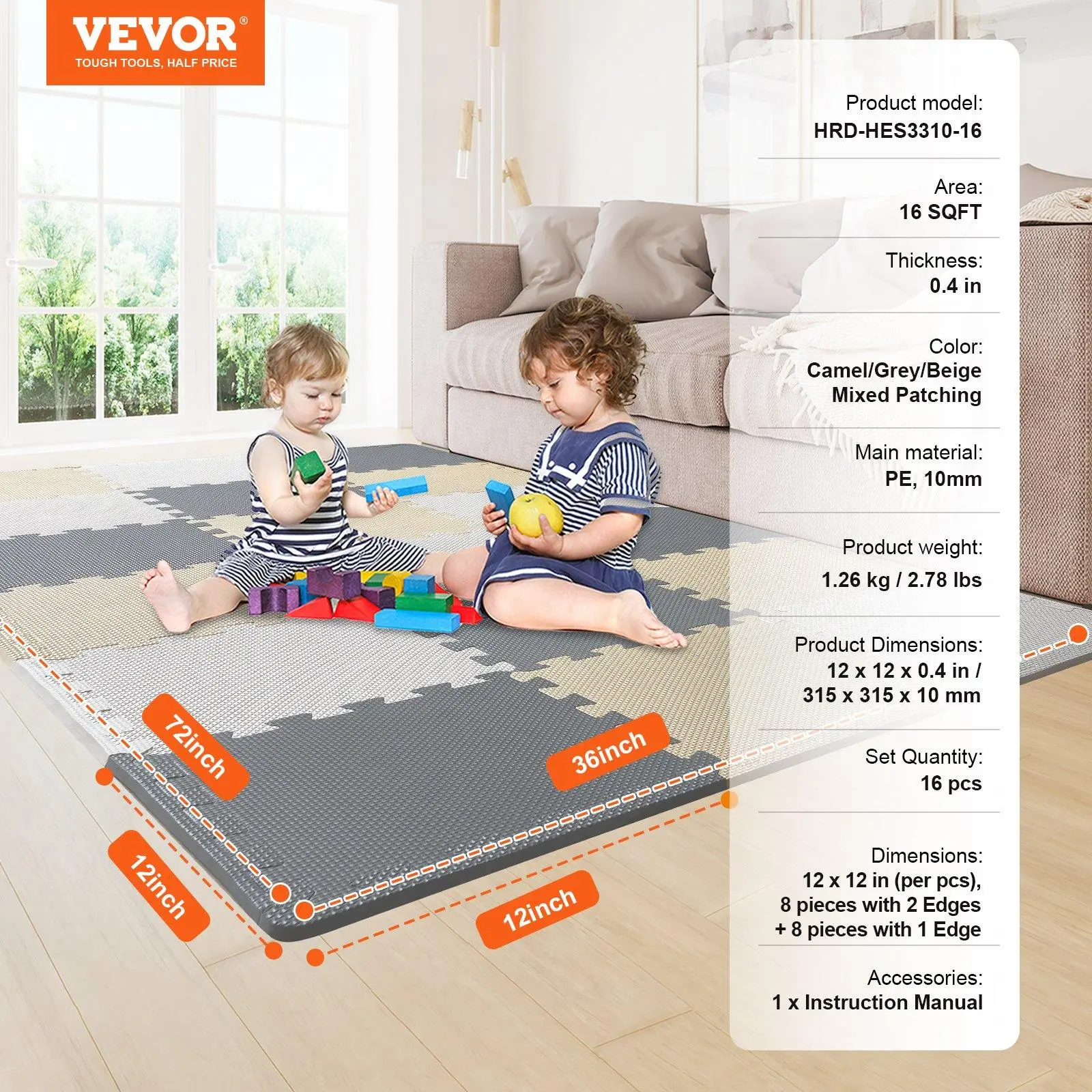 VEVOR Kids Foam Puzzle Floor Playmat, 0.4 in Thick 16 Pcs Interlocking EVA Soft Tiles, Spring New Arrival for Workout, Easy Install