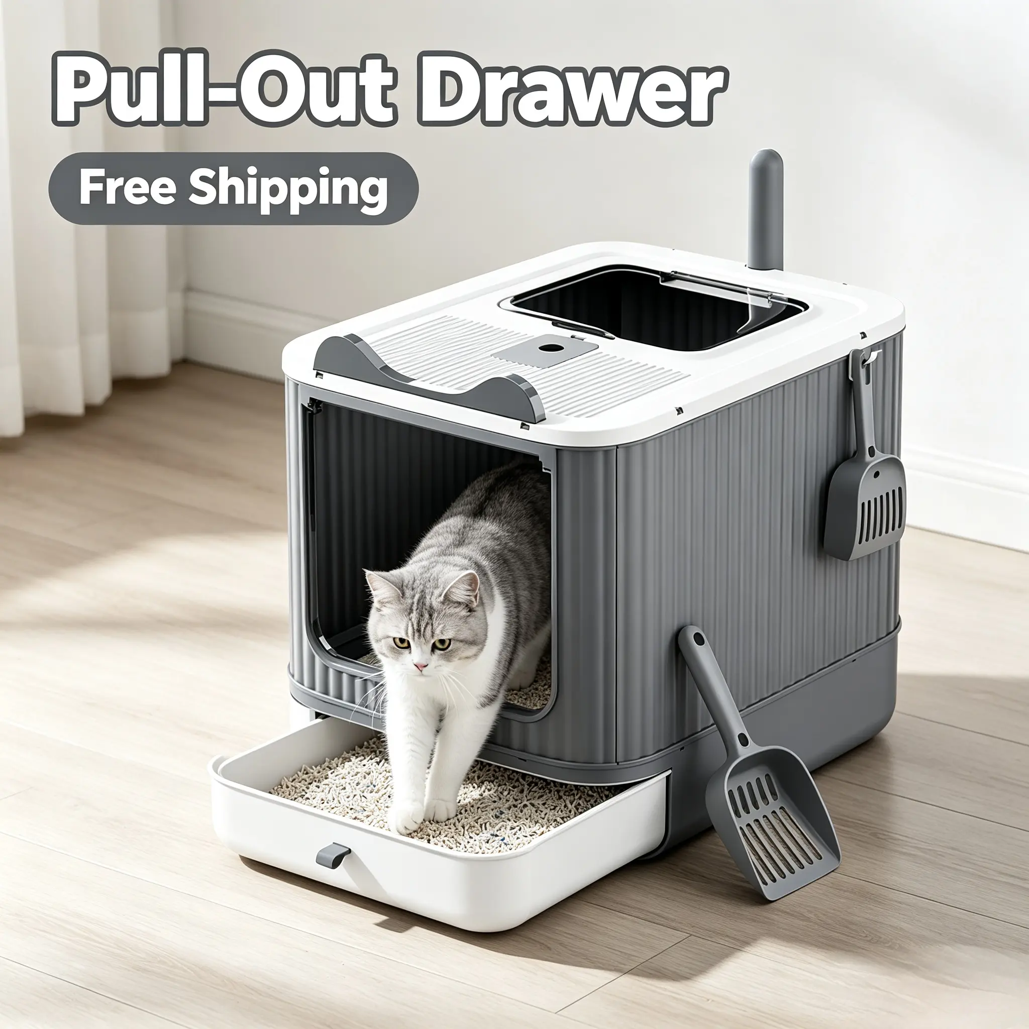 Fully Enclosed Pull-Out Drawer Litter Box for Indoor Cats, Front Entry & Top Exit, Anti-Splashing, Odor Control, Easy to Clean Kitty Litter Box