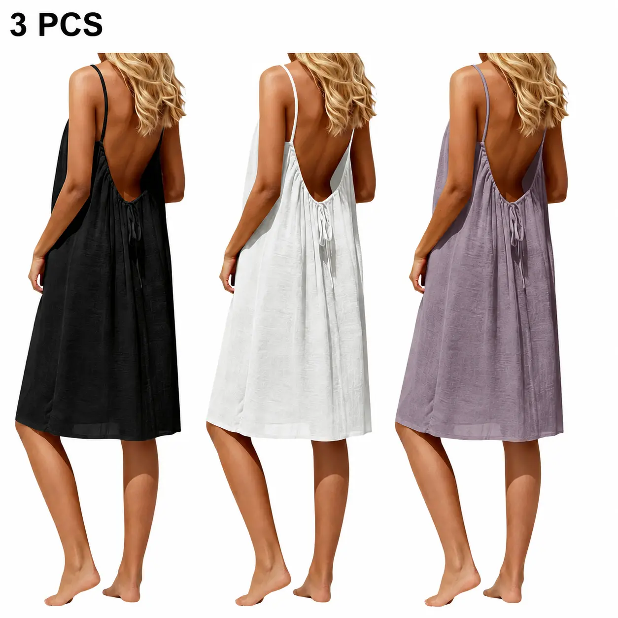 3 PCS Bundle Women's Solid Color Cami Lounge Dress Elegant Sleeveless Short Dress Ladies Sleepwear Indoor Wear Flowy Backless Slip Sundress Casual Boho Beach Vacation Cover Up Resort Holiday Outfit Comfortable Relaxed Fit