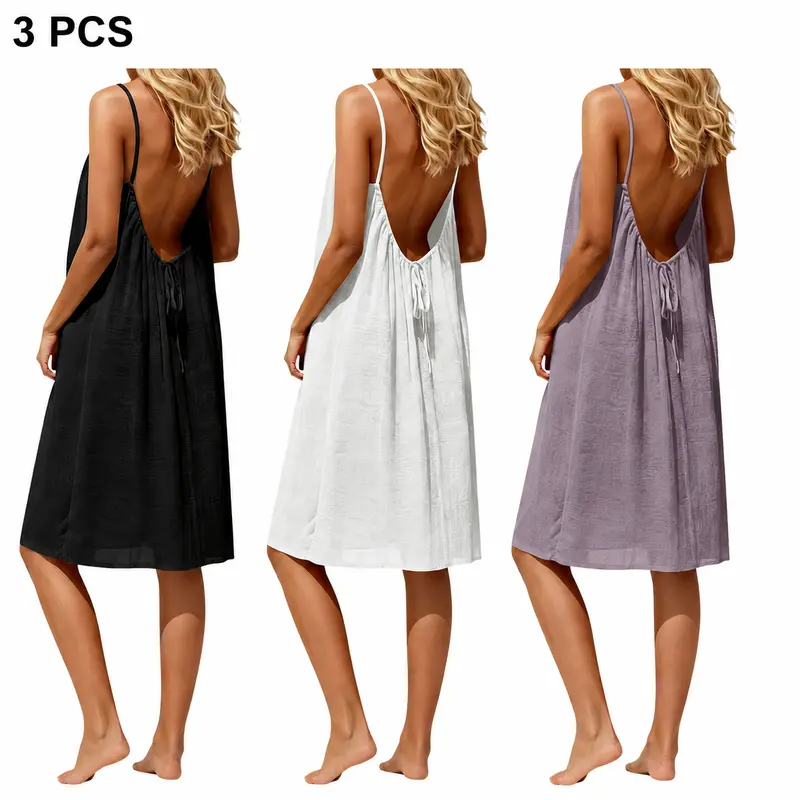 3 PCS Bundle Women's Solid Color Cami Lounge Dress Elegant Sleeveless Short Dress Ladies Sleepwear Indoor Wear Flowy Backless Slip Sundress Casual Boho Beach Vacation Cover Up Resort Holiday Outfit Comfortable Relaxed Fit