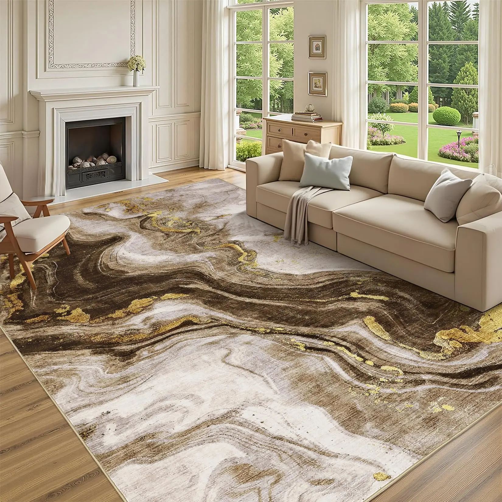GARVEE Large Area Rugs 9x12 Washable Modern Abstract Rug, Non-Shedding Neutral Living Room Rugs, Stain-Resistant Low Pile Abstract Floor Cover for Bedroom,Dining Room,Farmhouse,Office, Brown 9x12