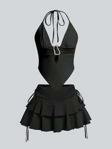 Two-Piece Set Summer Women's Deep V-Neck Metal Decoration Strapless Tankini Set, Slim-Fit Ruffle Side Tie Skirt, Comfortable Elegant Swimsuit Cover-Up, Two-Piece Solid Color, Modest Swimming Wear