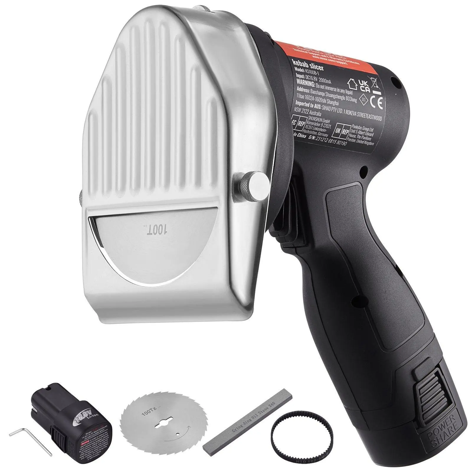 VEVOR Cordless Electric Shawarma Knife - 80W Battery-Powered Professional Stainless Steel Slicer, 2 Blades, 4in/100mm Cut Diameter, 0-8mm Adjustable Thickness, Wireless Portable Doner Kebab Gyro Cutter with Hex Wrench, 115-Minute Runtime, 115 Minutes#Soho